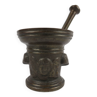 Antique XXL mortar and pestle, Cast iron pharmacy mortar, 19th century apothecary mortar