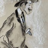 Tableau signé fusain et or iridescent portrait gentleman « Dandy »