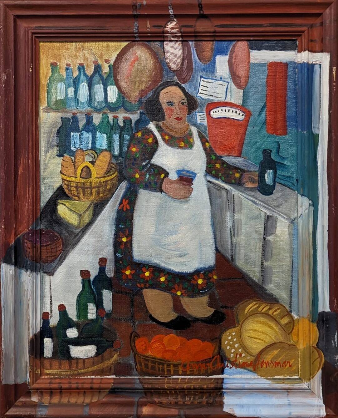 Mid-Century Modern Swedish "The Store" Vintage Figurative Oil Painting, Framed