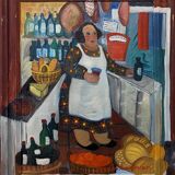 Mid-Century Modern Swedish "The Store" Vintage Figurative Oil Painting, Framed