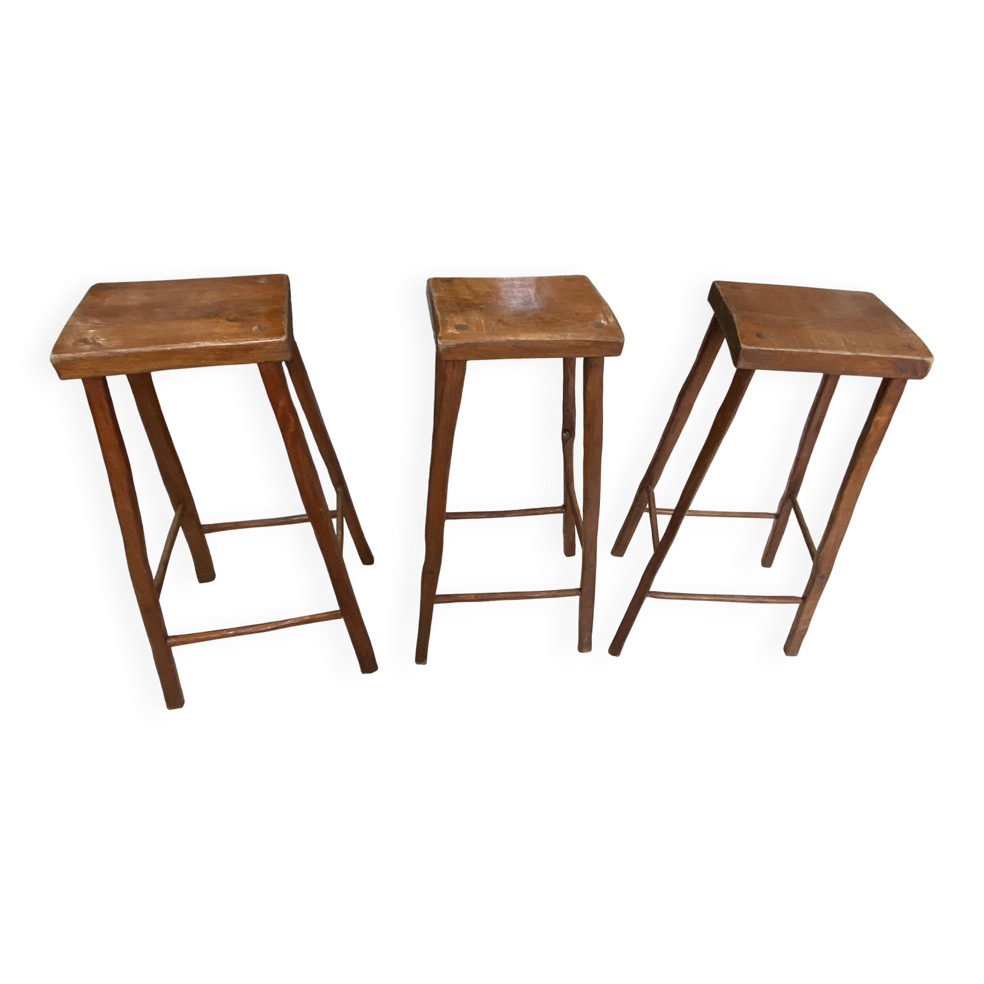 Set of 3 high wooden bar stools, handcrafted, 50.