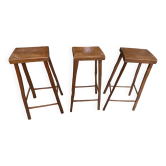 Set of 3 high wooden bar stools, handcrafted, 50.