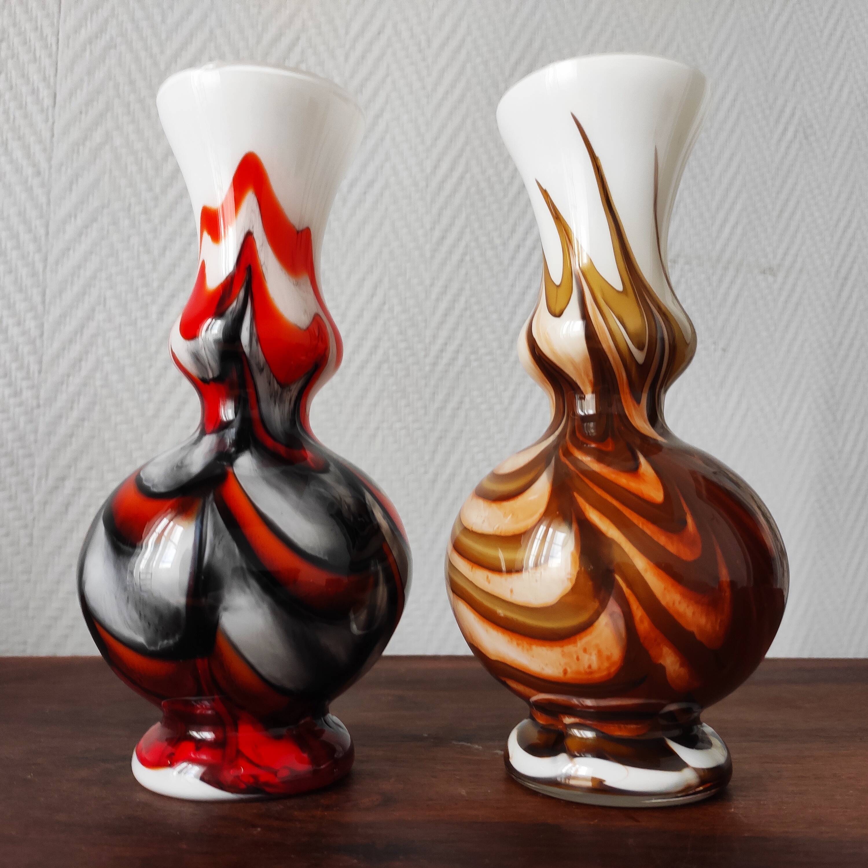 Pair of vintage Italian pop art vases 1970s opaline glass