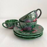 3 earthenware cups and saucers in barbotine fruit decor Salins vintage