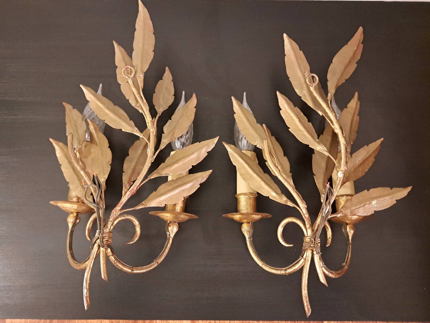 Pair of gold-tone metal leaf wall sconces