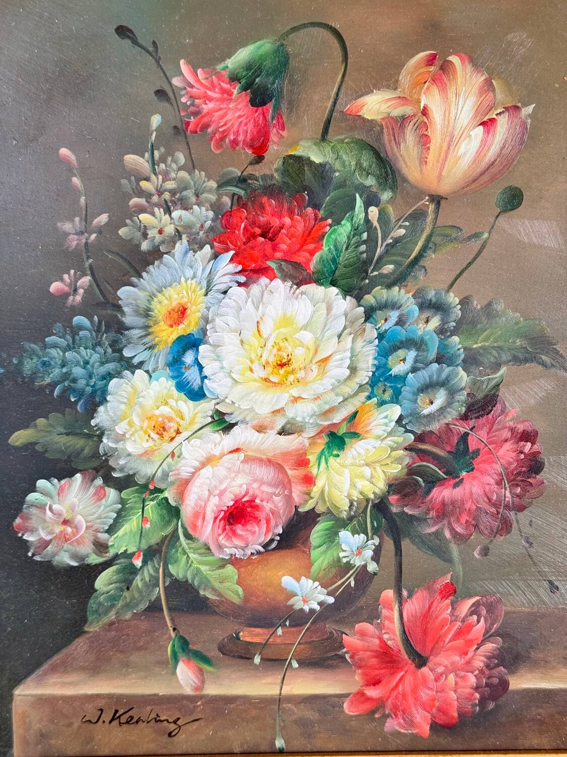 Oil on canvas W. Kerling still life with flowers