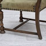 Fauteuil danois à dossier haut des années 1950, en laine tissée à la main, velours, bois de chêne sculpté.