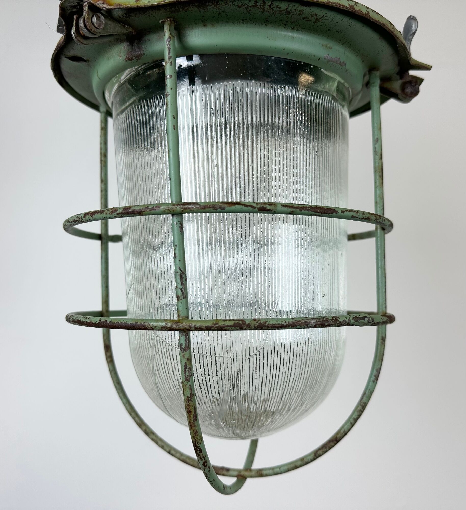 Green Industrial Soviet Bunker Pendant Light with Iron Grid, 1960s