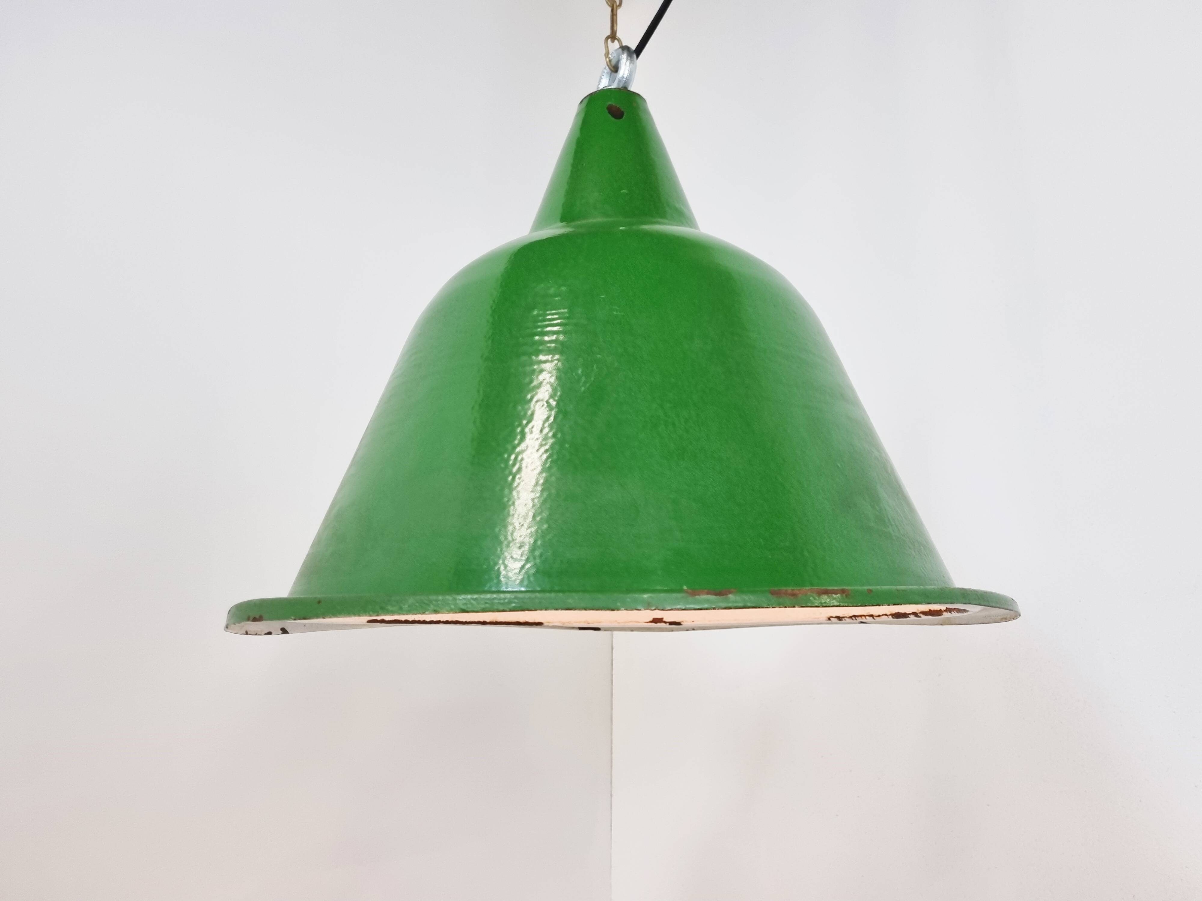 Large vintage industrial green enamel pendant lights, 1960s