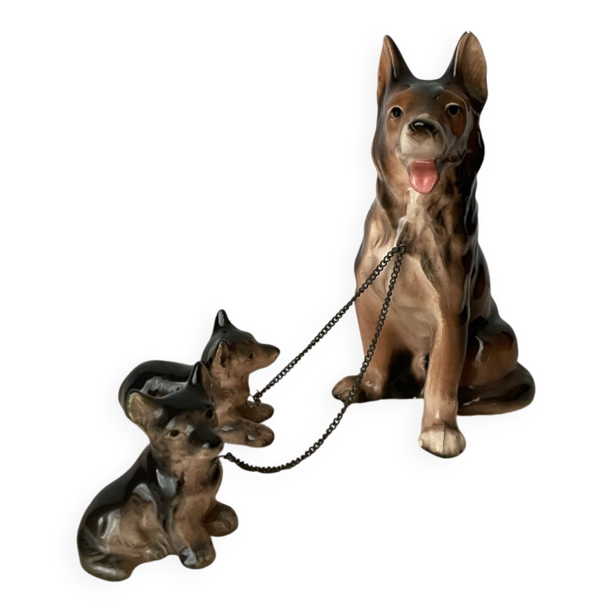 Figurine chien berger et ses 2 petits en céramique vintage