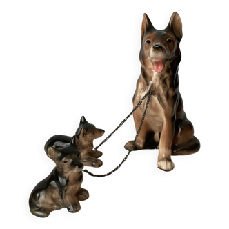 Vintage ceramic shepherd dog figurine with 2 puppies
