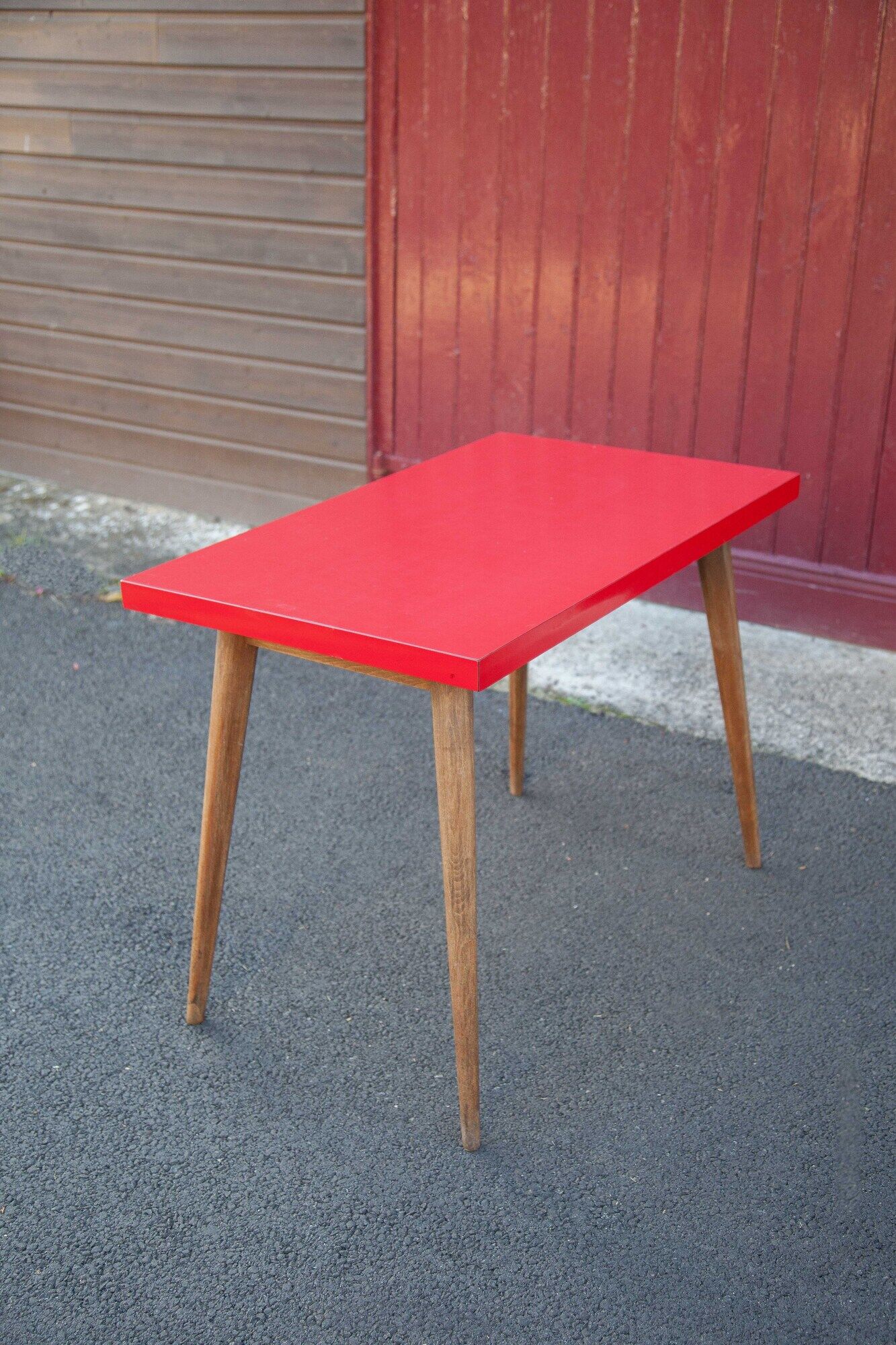 Vintage bistro table wooden table and red formica feet compass, kitchen, countryside
