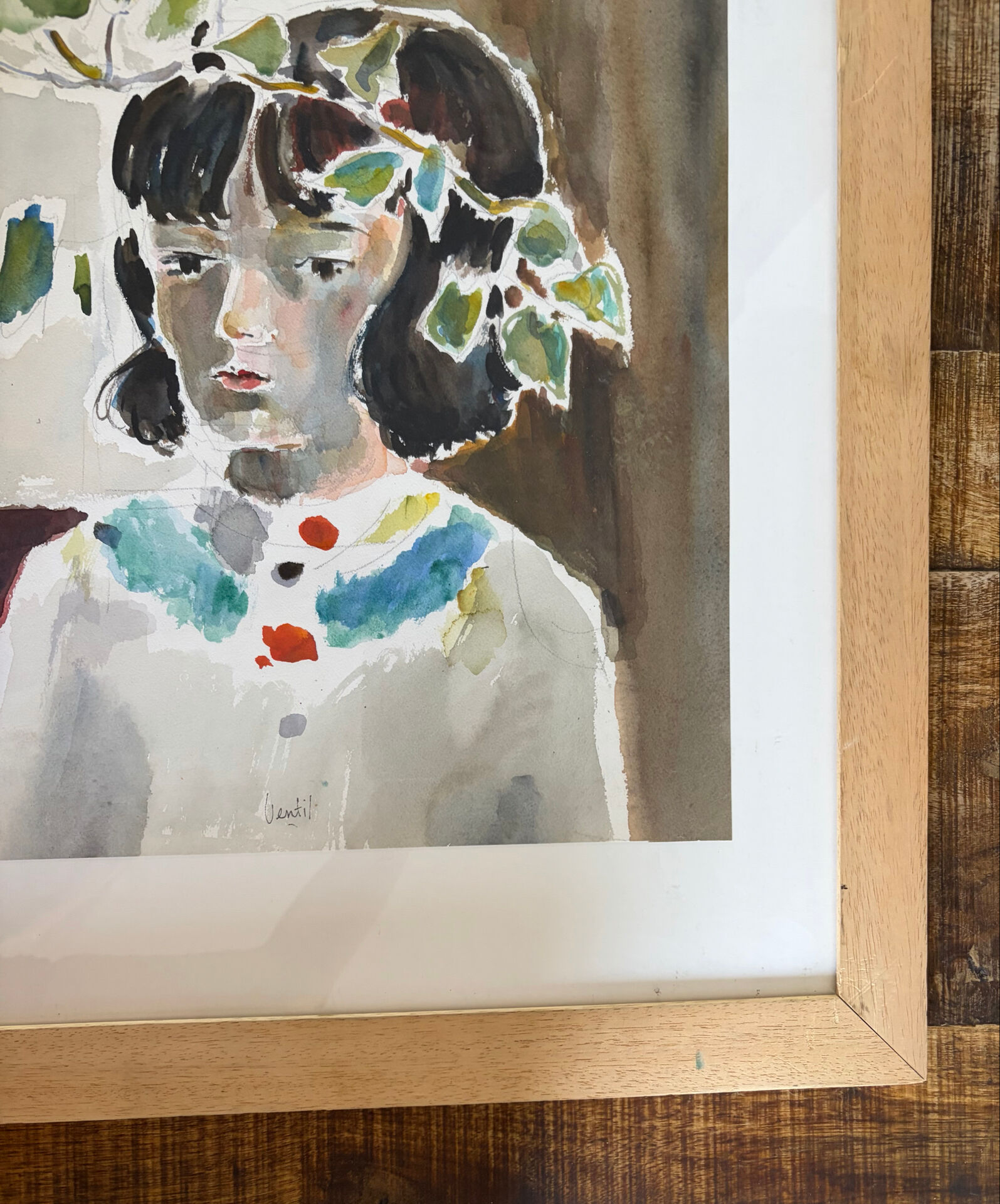 Femme aux feuilles, aquarelle sur papier, signée Ventil