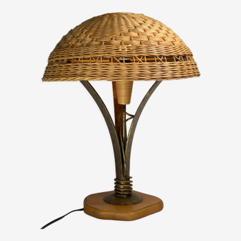 Brutalist gilded wrought iron and rattan wicker mushroom table lamp, 1960s