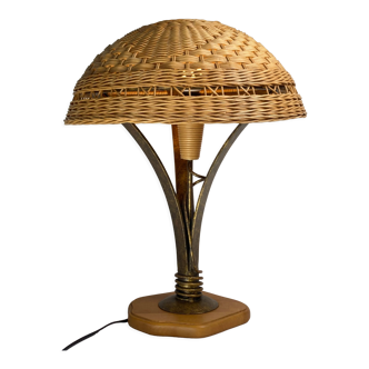 Brutalist gilded wrought iron and rattan wicker mushroom table lamp, 1960s