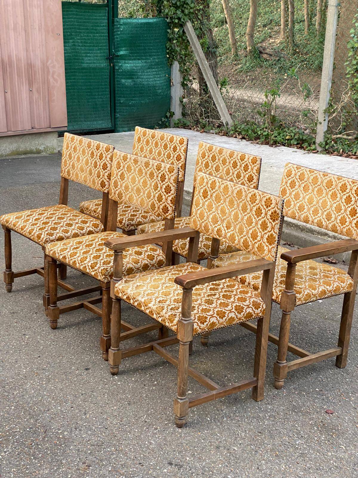 2 Henri II armchairs in solid wood and yellow-beige velvet.