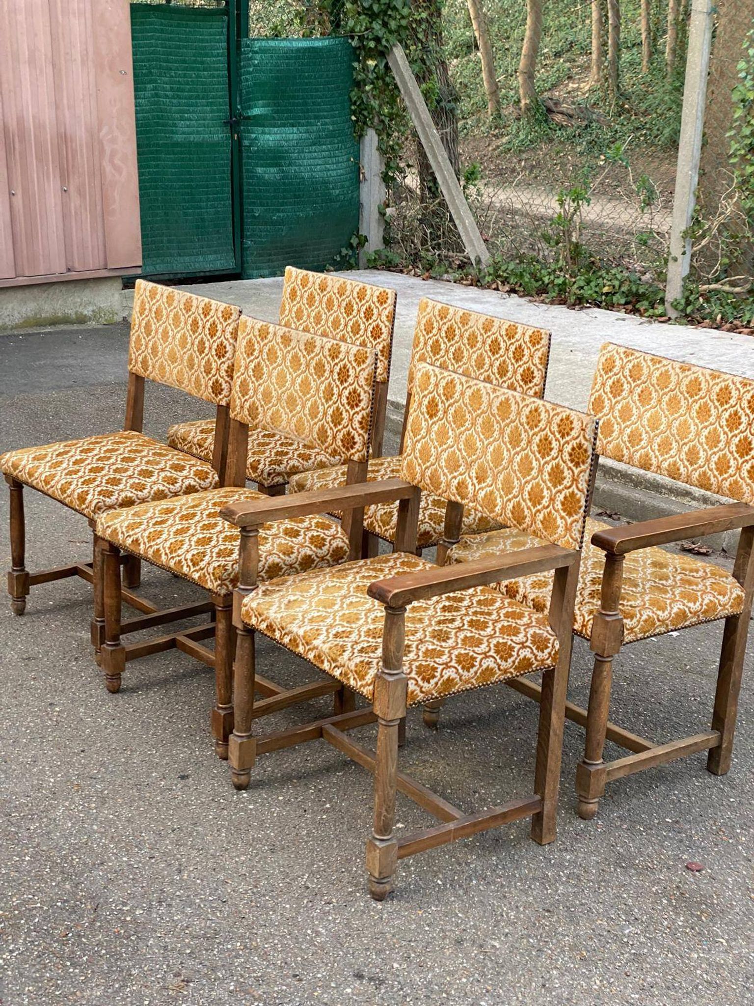 2 Henri II armchairs in solid wood and yellow-beige velvet.