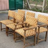 2 Henri II armchairs in solid wood and yellow-beige velvet.