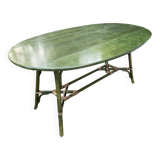 Large vintage oval drop leaf table in green lacquered bamboo rattan 158/106
