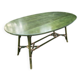 Grande table ovale vintage à abattant bois bambou rotin laqué vert 158/106
