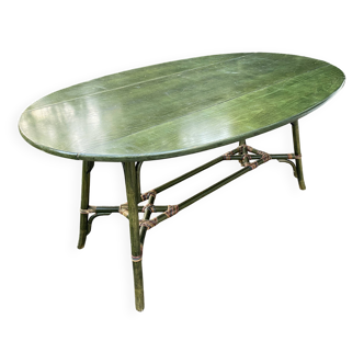 Large vintage oval drop leaf table in green lacquered bamboo rattan 158/106