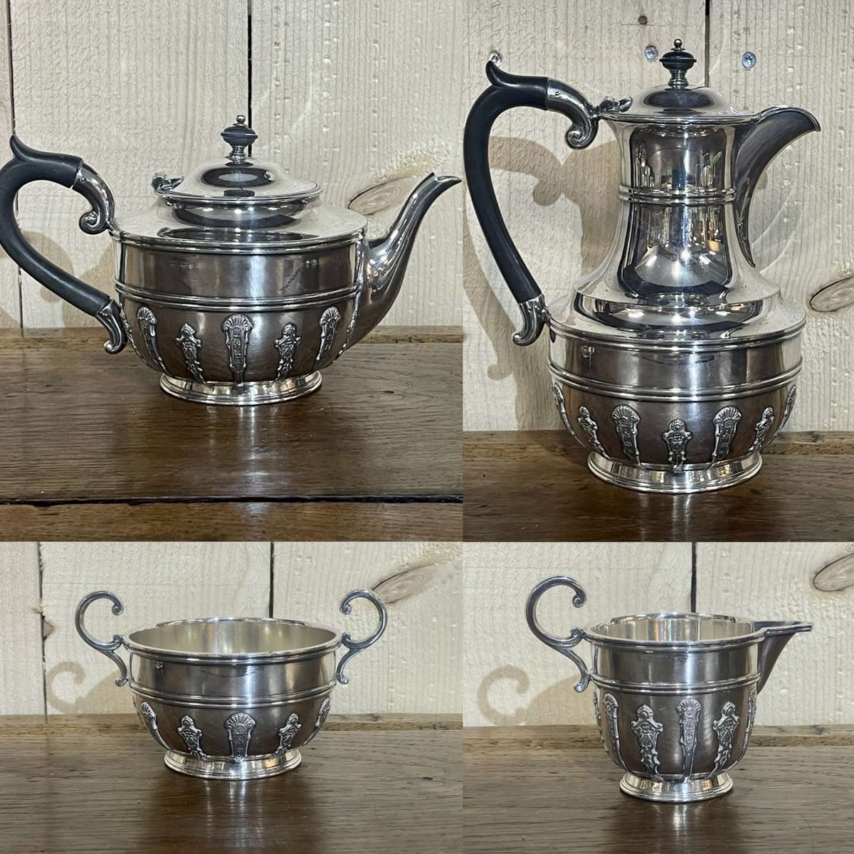 English tea and coffee set in silver metal early twentieth century with sugar bowl and milk pot