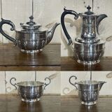 English tea and coffee set in silver metal early twentieth century with sugar bowl and milk pot