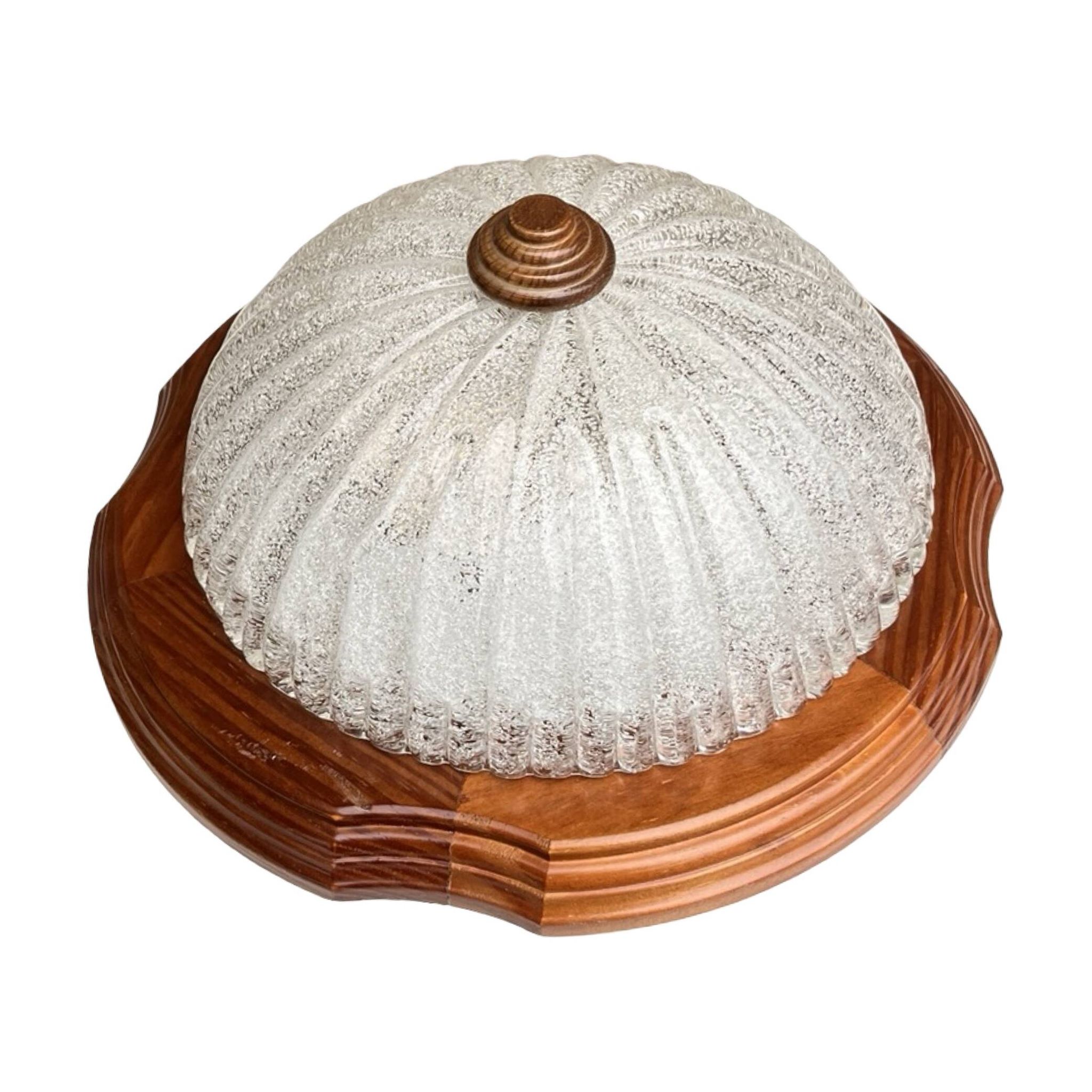 Italian ceiling lamp from the 1970s | ice glass and wood Mid Century Modern