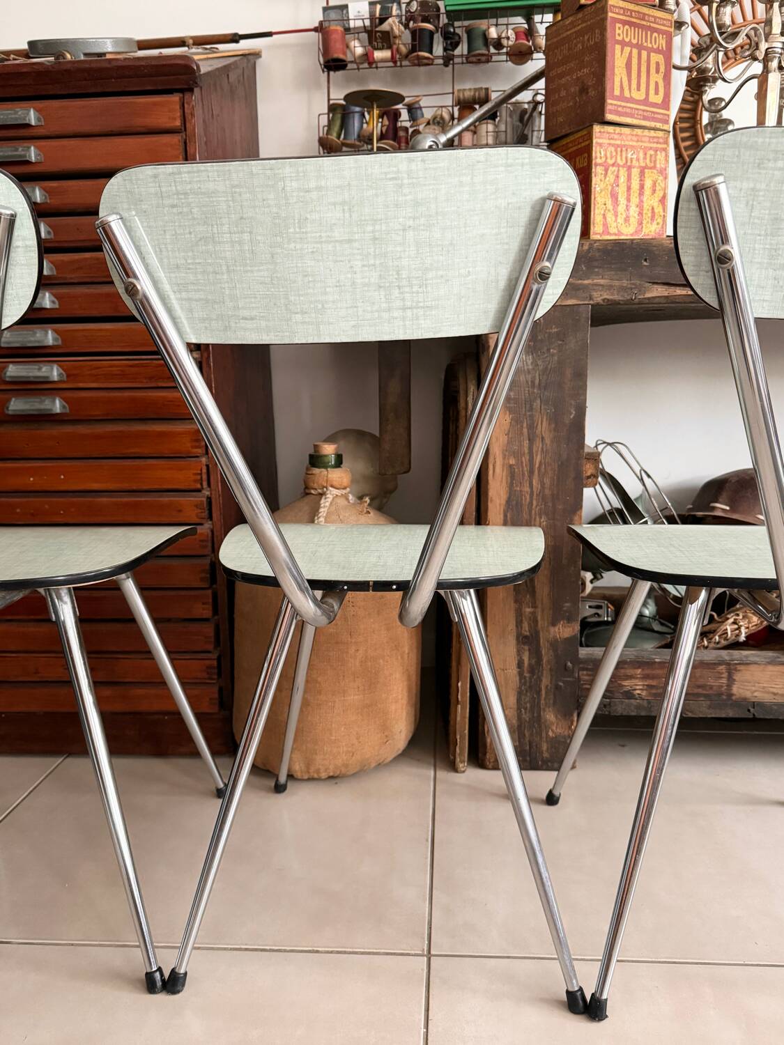 Set of 3 green Formica chairs
