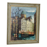 Peinture à l'huile sur toile suédoise « Ville et canal » de Valentine