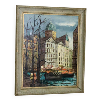 Swedish Oil On Canvas Painting "City and Canal" by Valentine