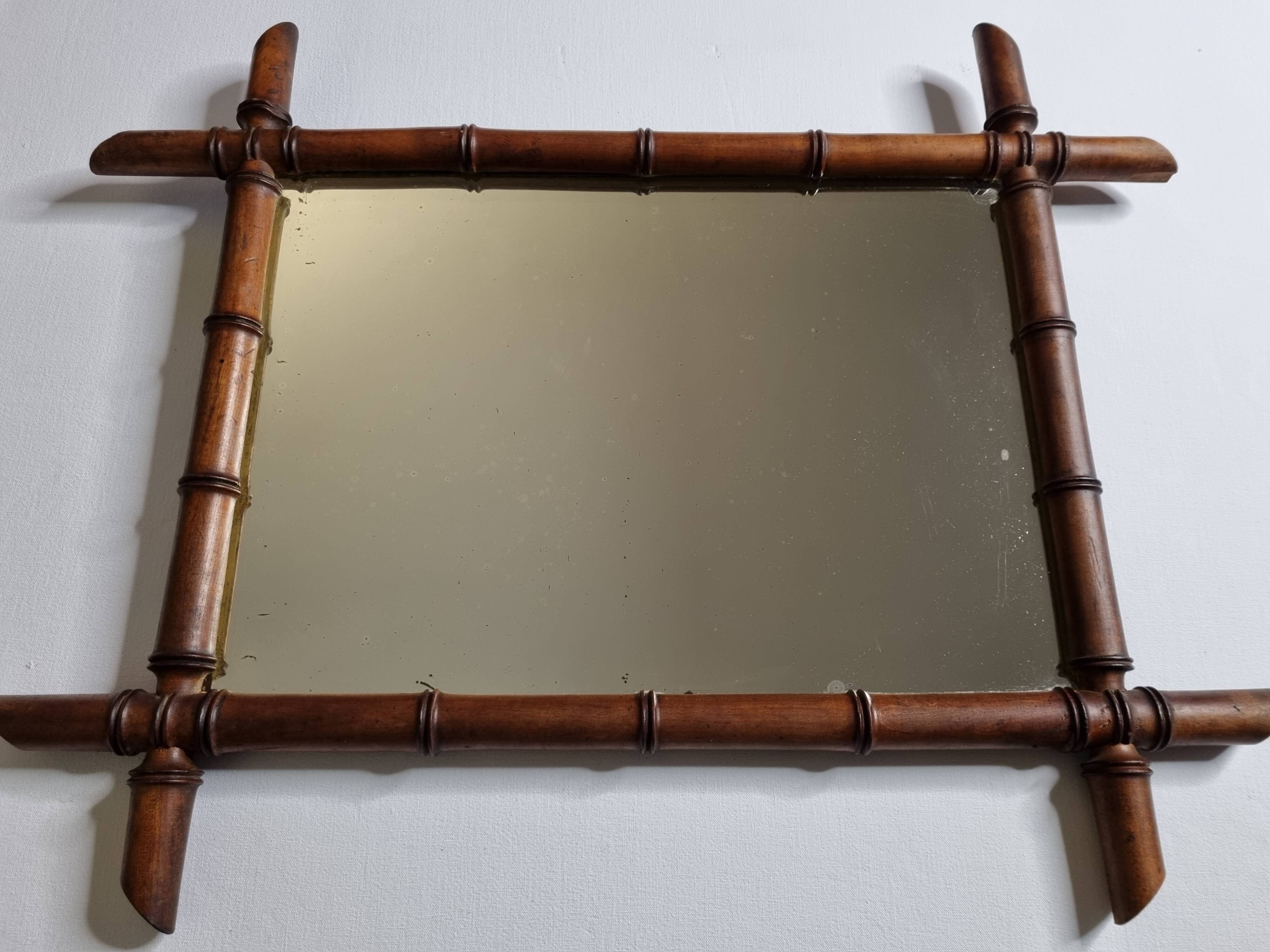 Turned wooden mirror in imitation of bamboo, mid-century, 50 cm x 60 cm