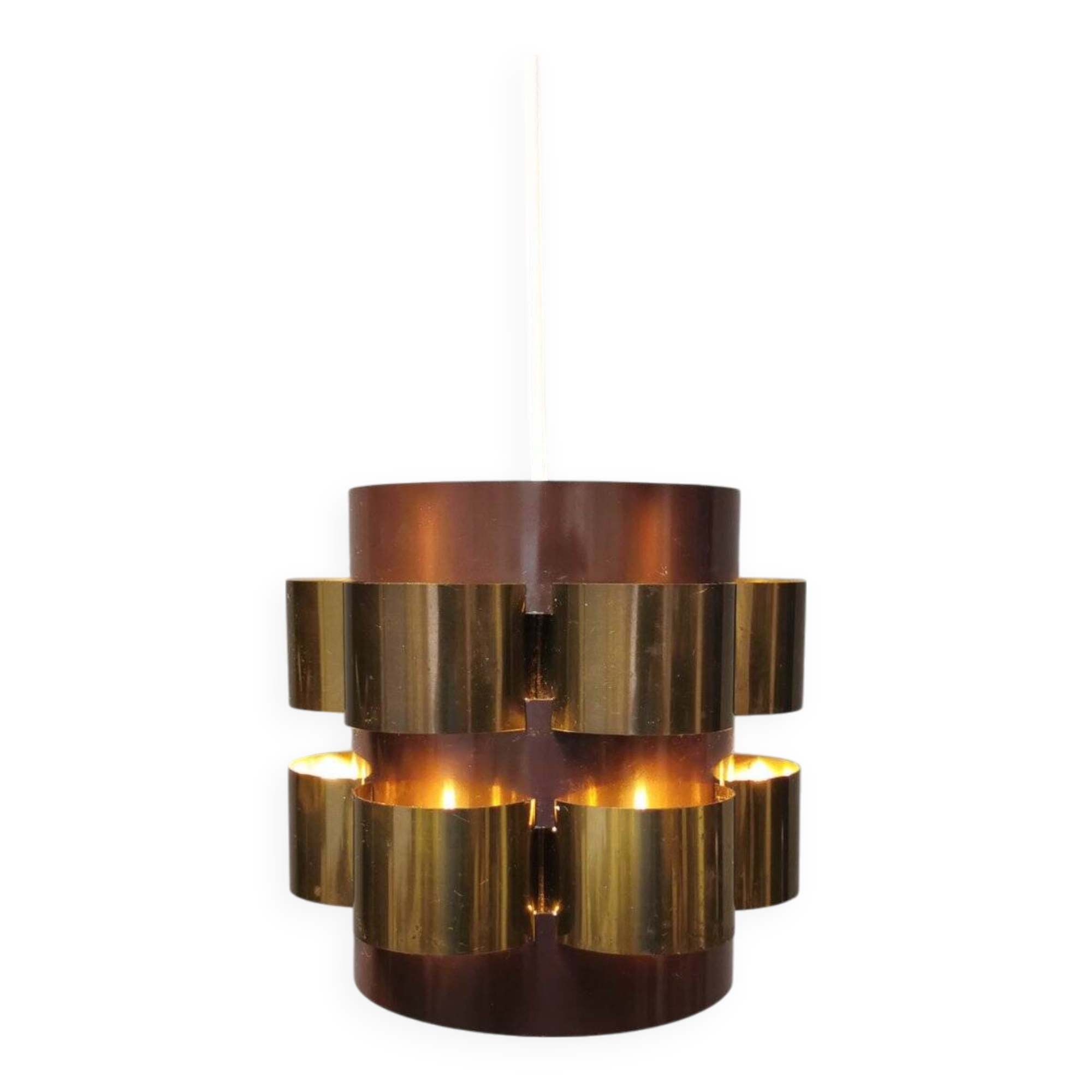 Danish cylindrical hanging lamp in brown and gold 1980s