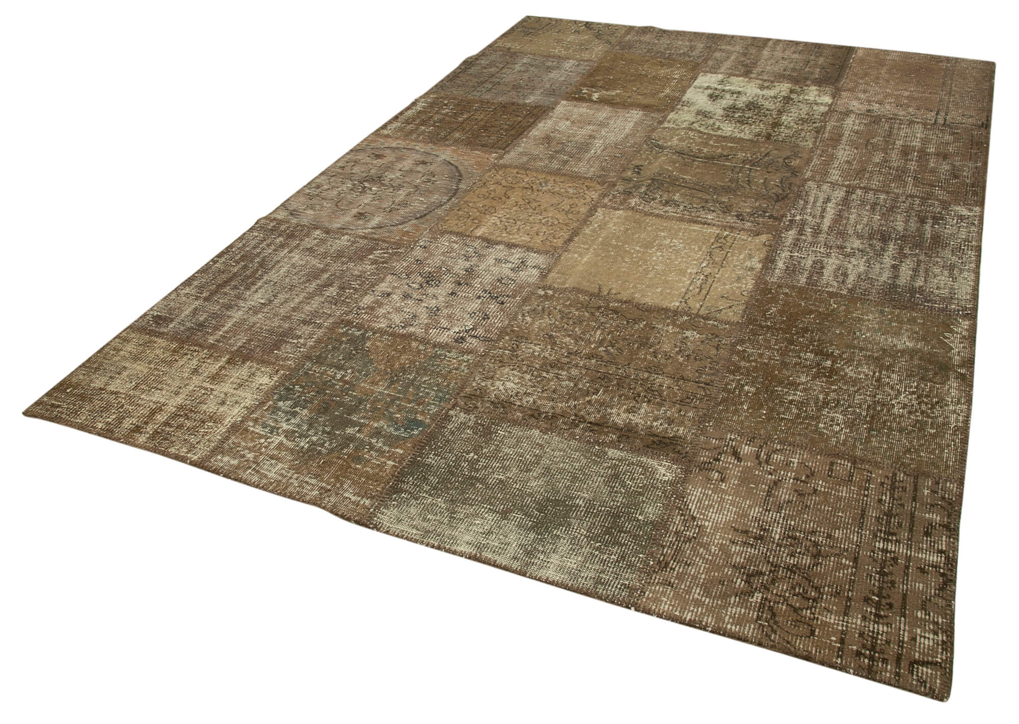 Handwoven oriental overdyed 196 cm x 304 cm brown patchwork carpet