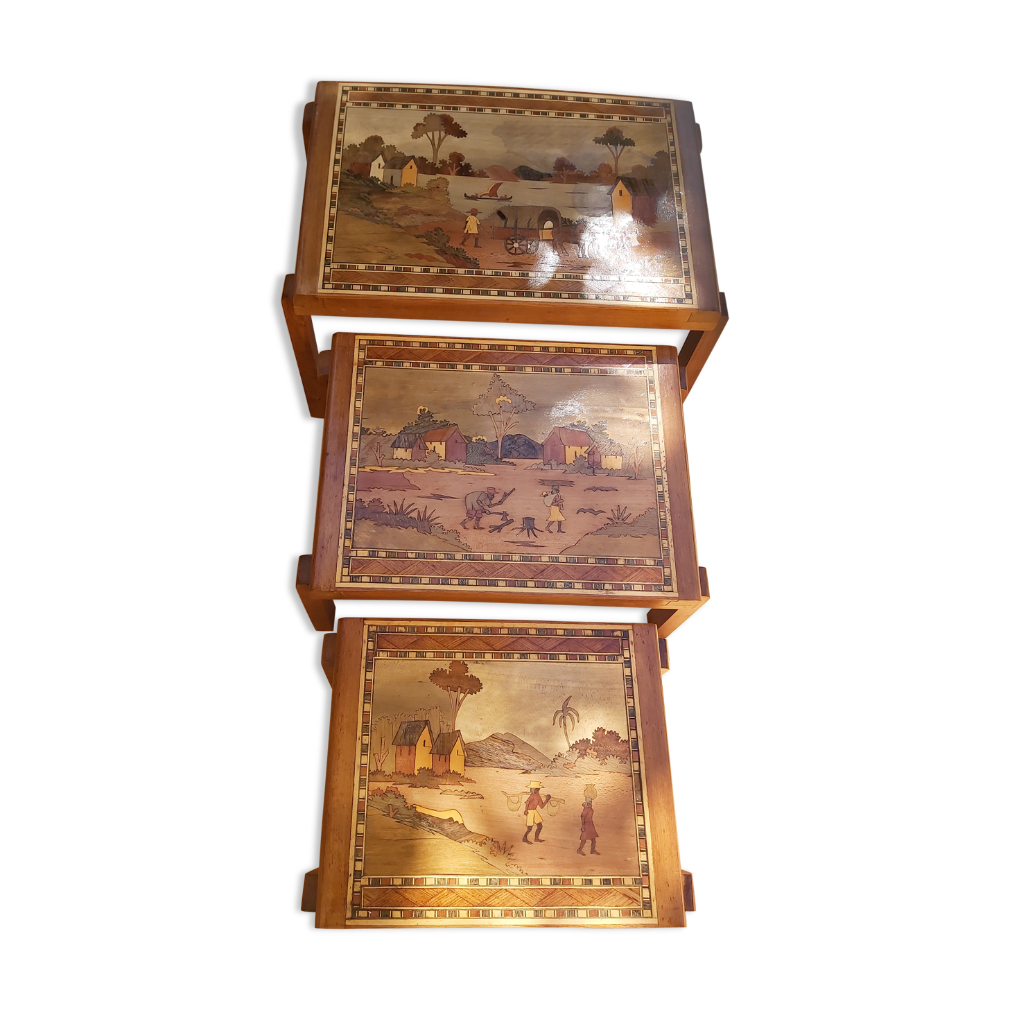 Malagasy marquetry trundle tables