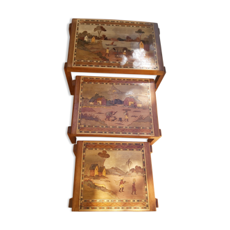 Malagasy marquetry trundle tables