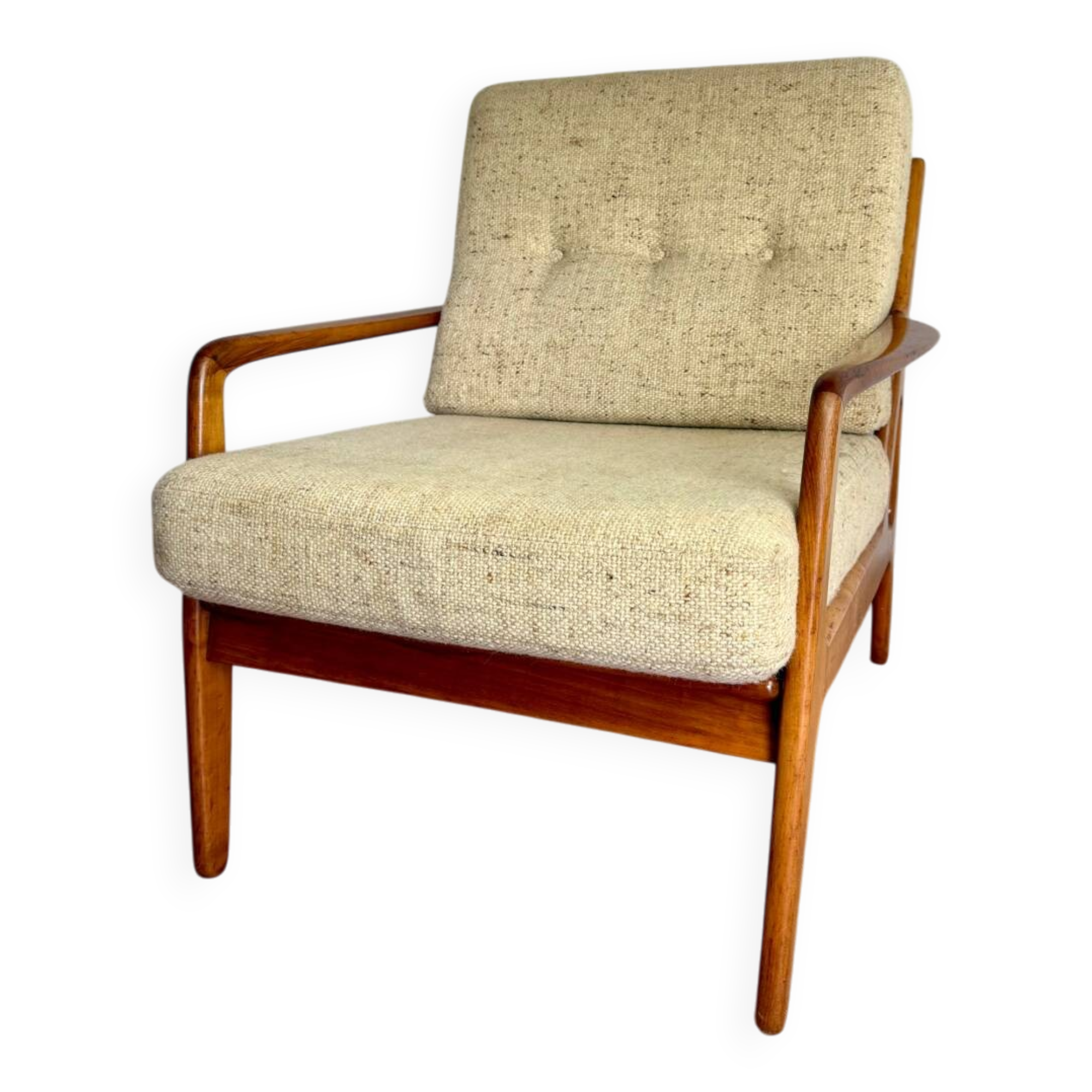 Vintage 80s Scandinavian armchair – wood and beige tweed