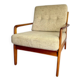 Fauteuil scandinave vintage années 80 – bois et tweed beige
