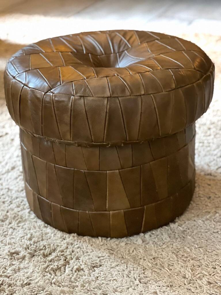 De Sede style khaki leather patchwork pouf / chest