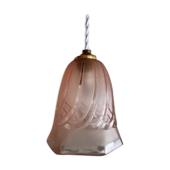Old tulip walkman pressed glass paste molded pink / bronze art deco art nouveau 1920