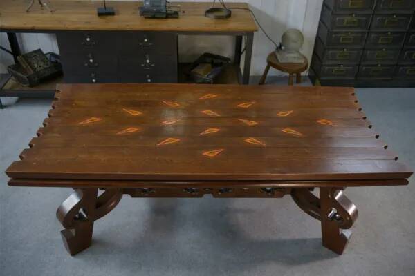 Rustic oak table with ceramic inlays by a student of Joseph Savina 1950s