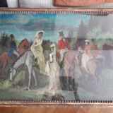 Old oil painting representing an equestrian scene