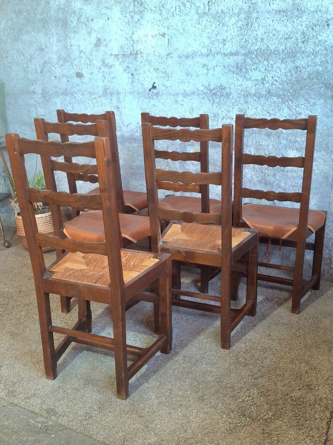 Set of 6 chairs in straw and solid wood.