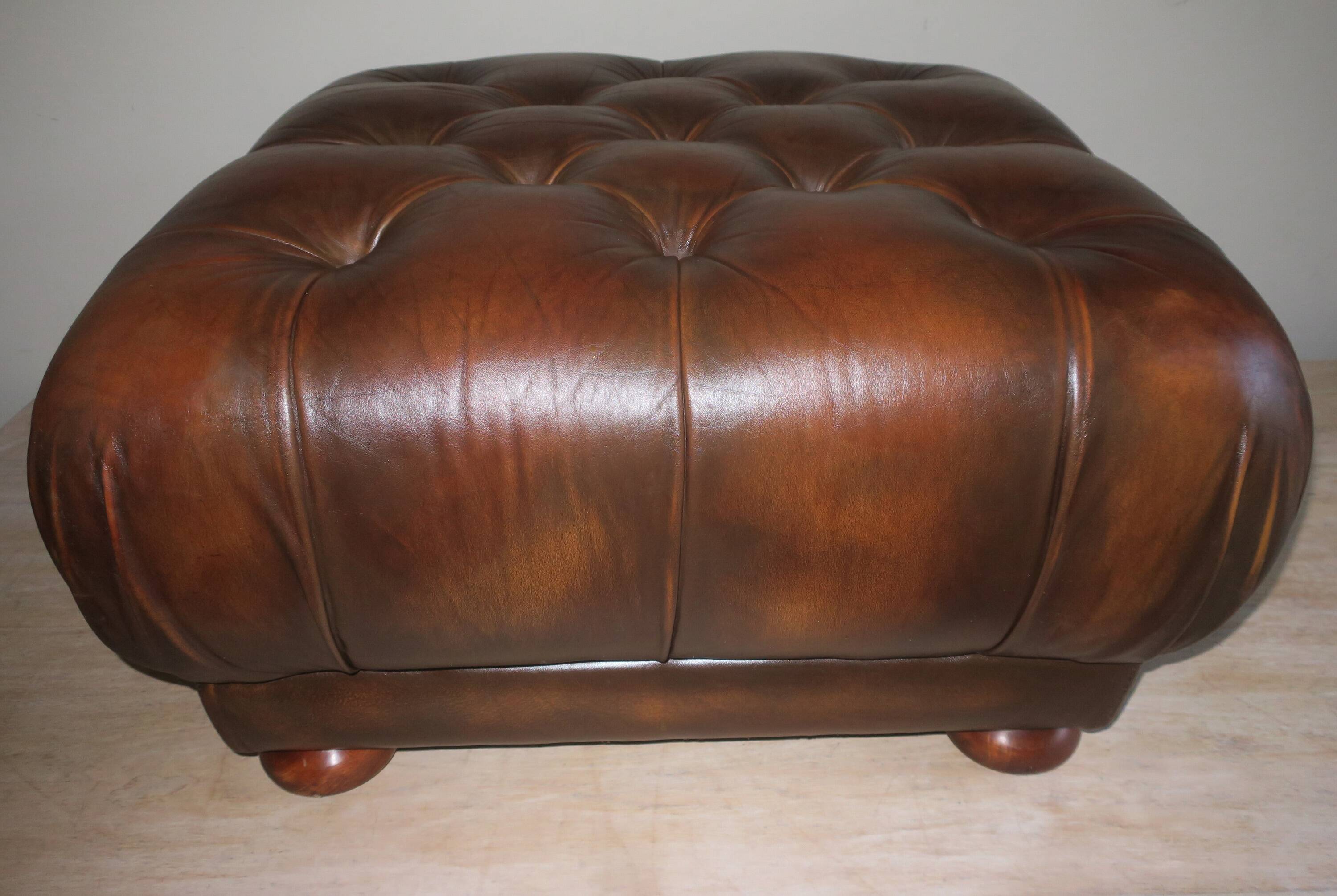 Chesterfield brown tufted leather pouffe ottoman