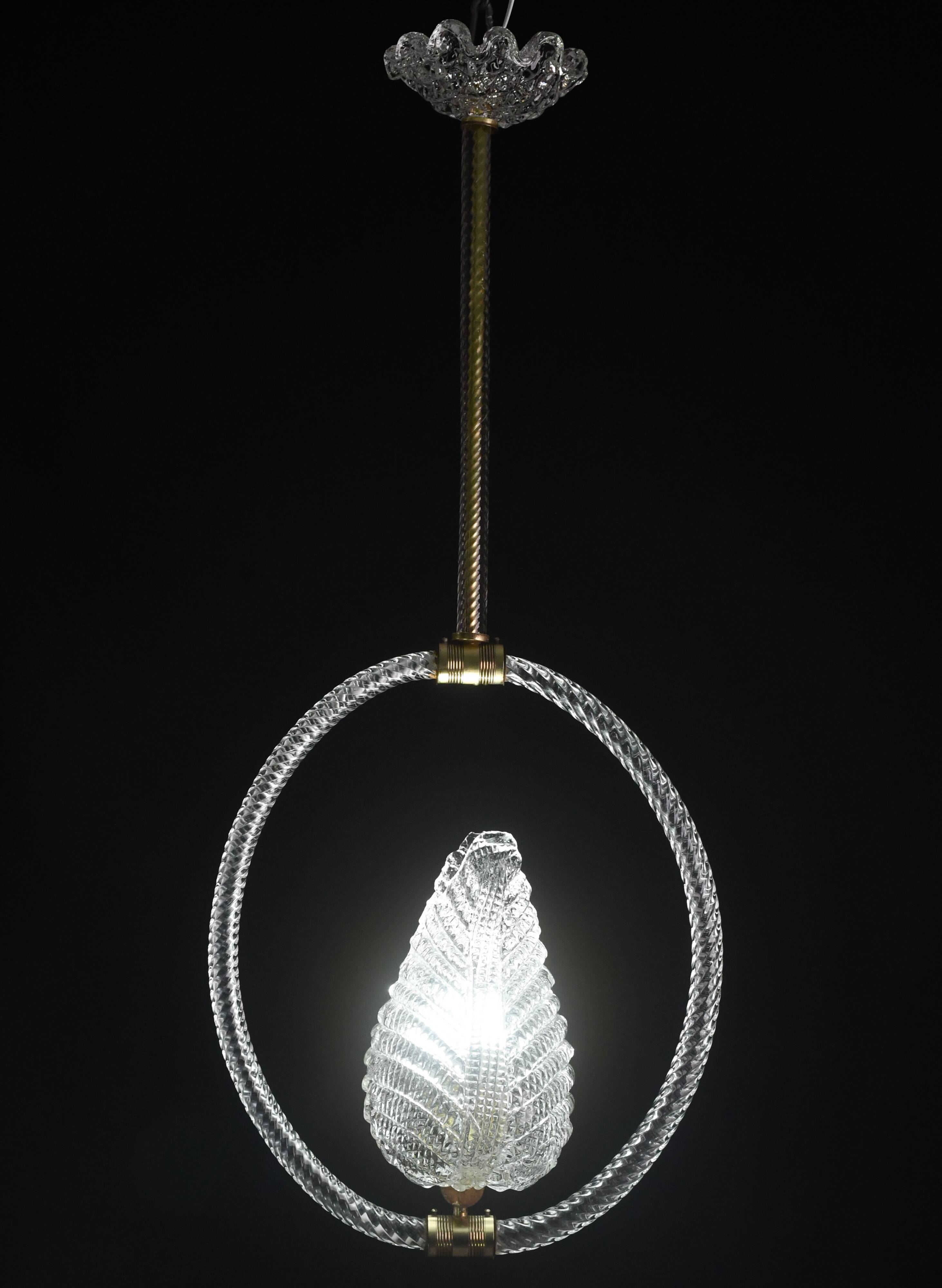 Charming Transparent Art Decò Barovier e Toso Pendant Light Murano Glass, 1940s