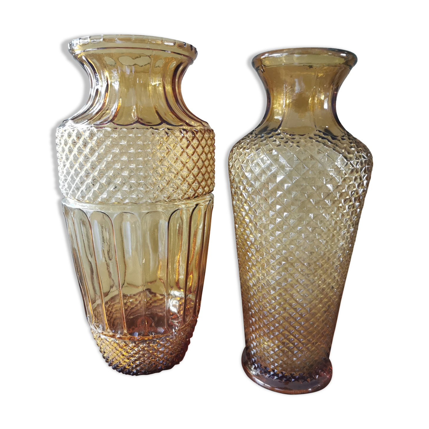 Lot of 2 large vintage vases in amber glass