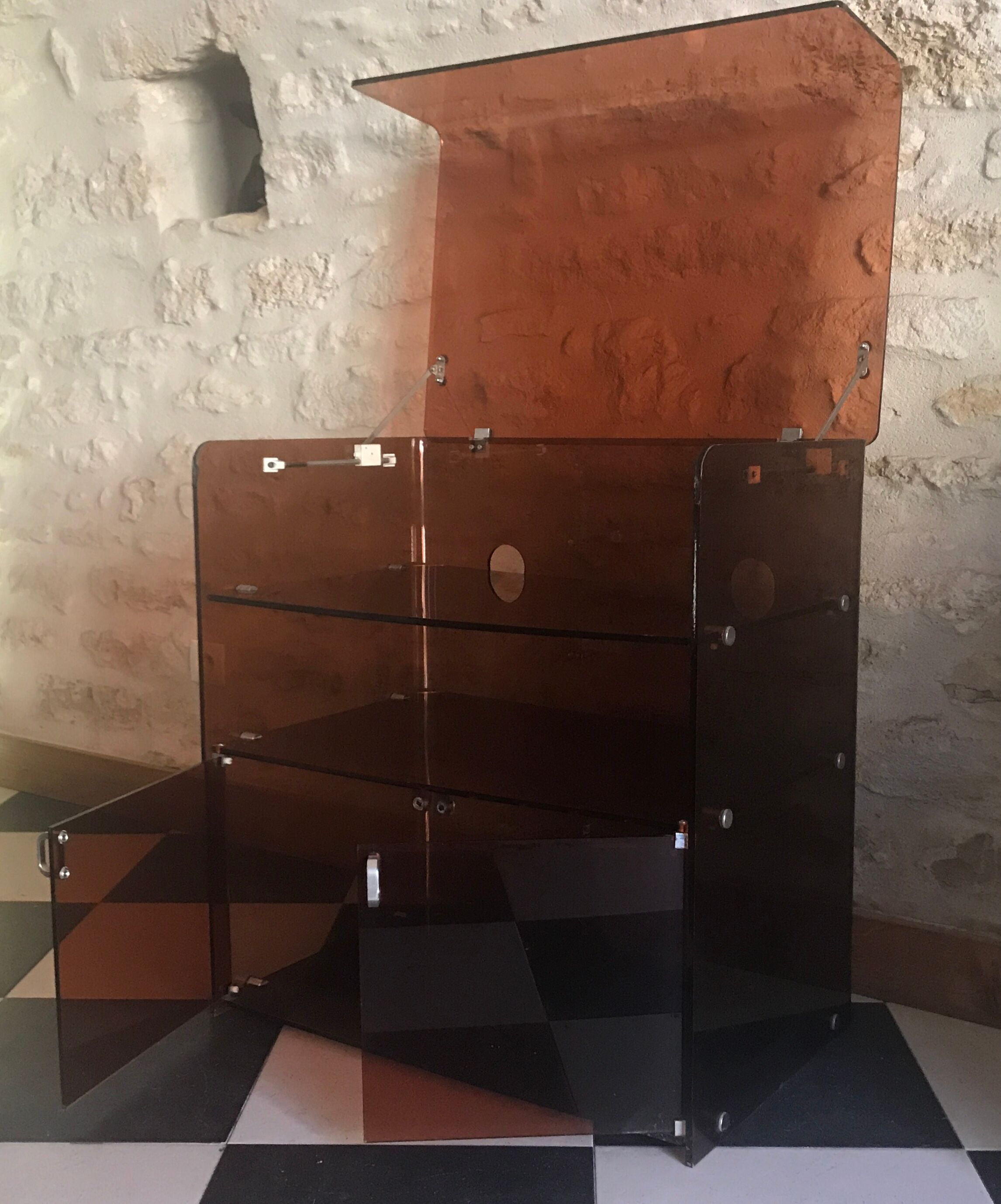 Vintage HI-FI cabinet in smoked plexiglass, Circa 1970