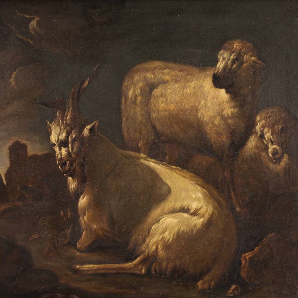 Beautiful 17th century painting, bucolic landscape with goats