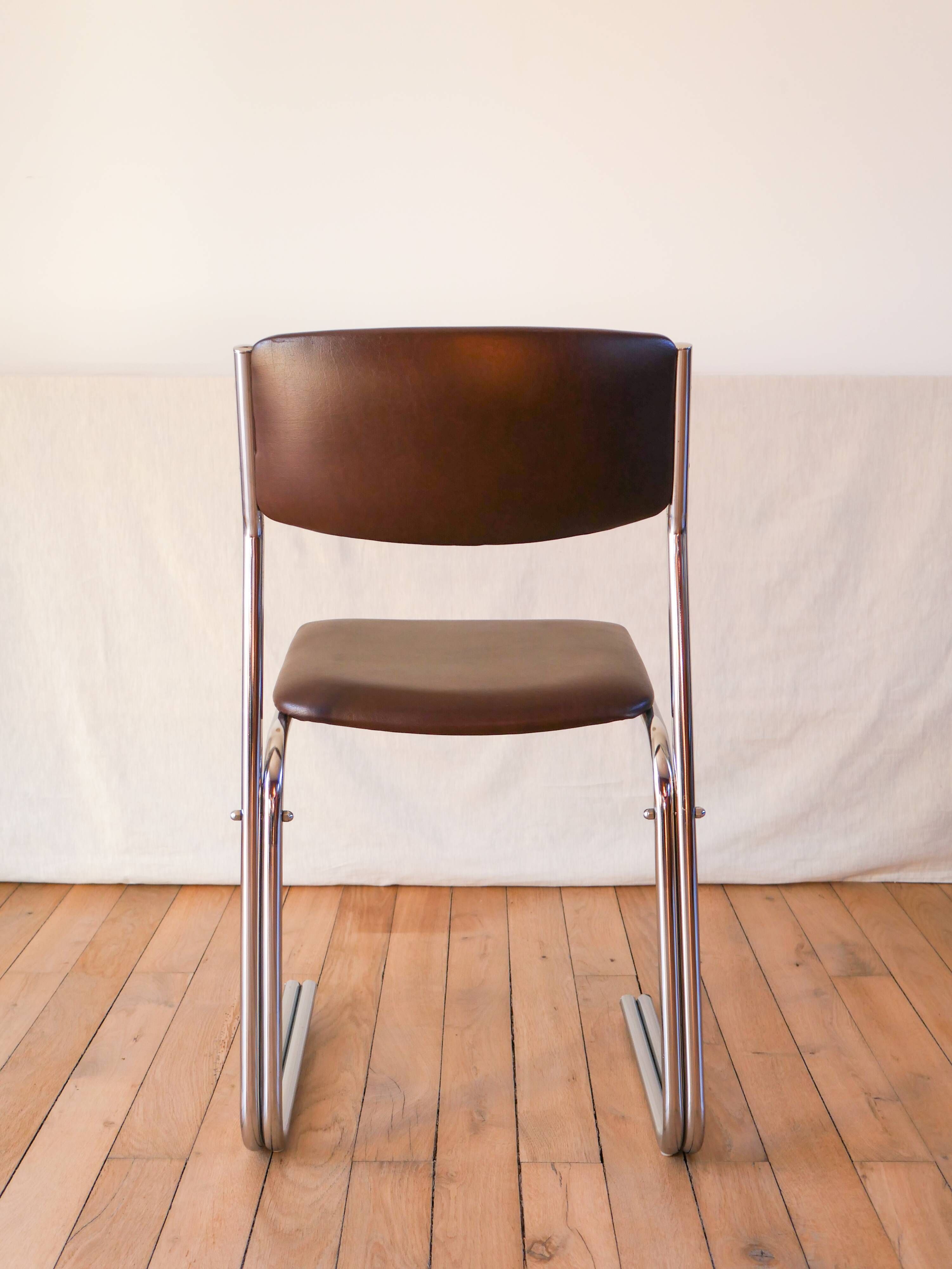Office chair in brown skai and chrome tubular legs design 1970