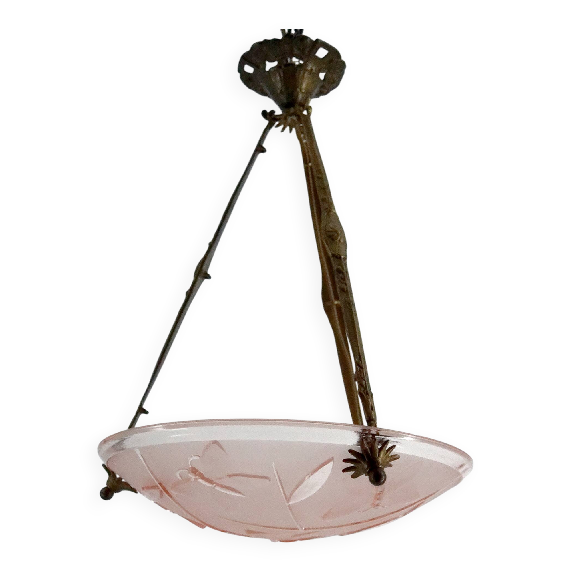 Bronze and glass pendant light with butterfly decoration, Degué, France, 1930